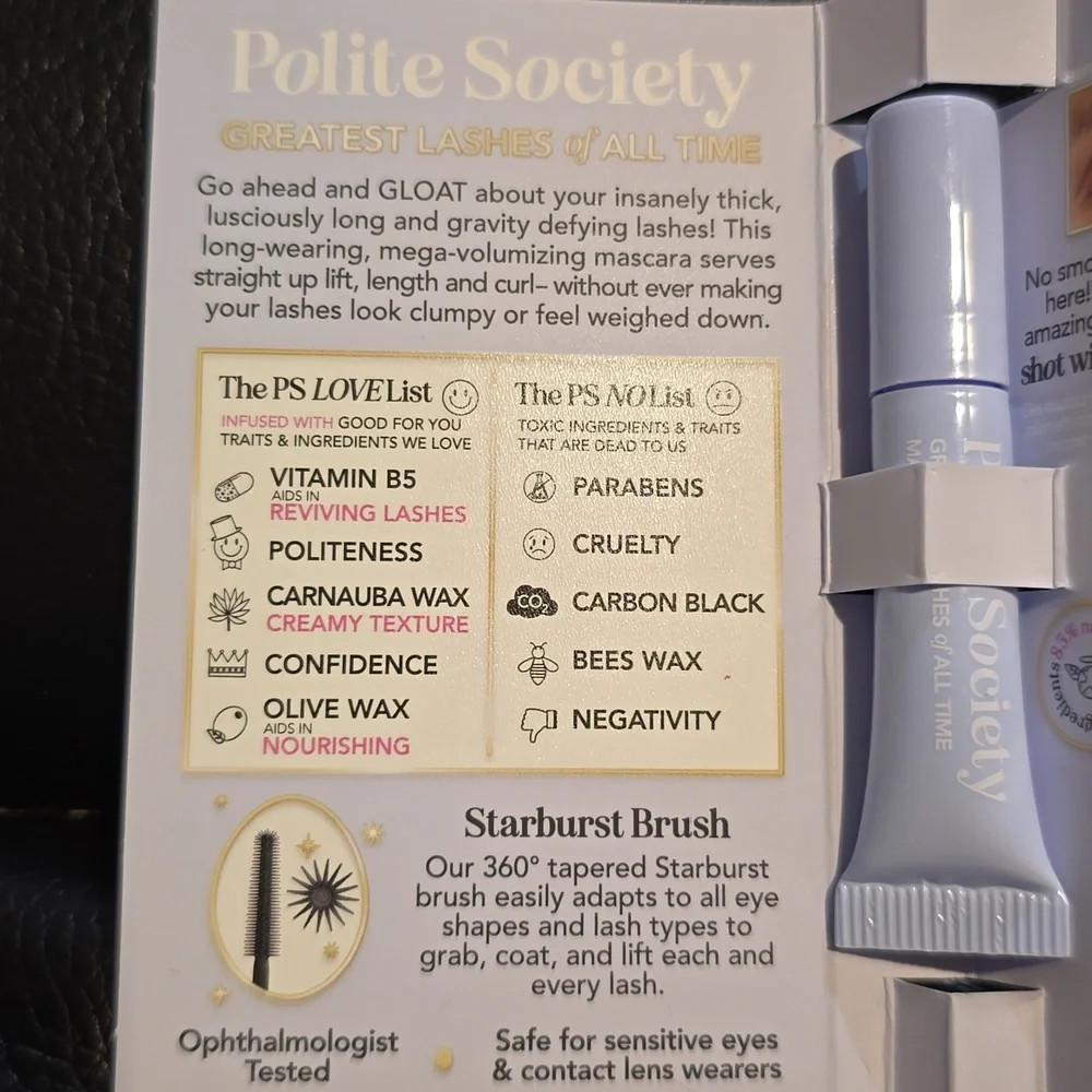 POLITE SOCIETY GREATEST LASHES OF ALL TIME VOLUMIZING & LENGTHENING MASCARA.